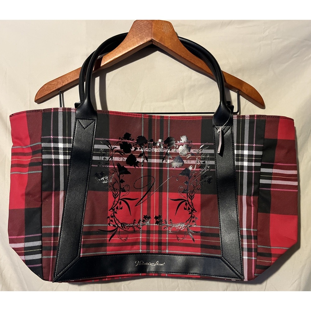 Victoria's‎ Secret Black Red Plaid Large Tote Shoulder Bag NWT